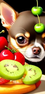 Adorable Chihuahua surrounded by fruits, including cherries and kiwi.