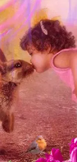 Child kissing a rabbit in a colorful garden.