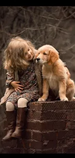 Little child hugging a puppy on a wall in nature.