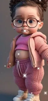 Adorable cartoon child in pink outfit with glasses.