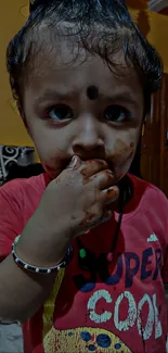 Adorable child enjoying chocolate in a cute portrait.