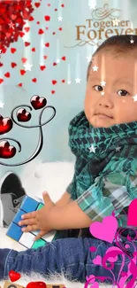 Wallpaper with a child, hearts, and vibrant colors.