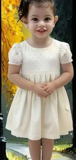 Adorable child in white dress with autumn street backdrop.