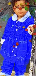 Cute child in a bright blue outfit standing outdoors.