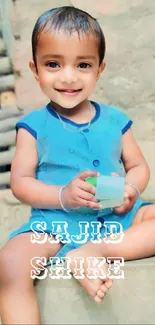 Adorable child in blue outfit holding a cup, smiling warmly.