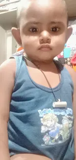 Adorable child wearing a blue tank top.