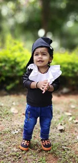 Adorable child in a lush green garden, smiling and exploring.