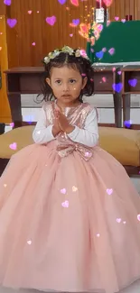 Child in peach dress with floral crown, praying in a serene setting.