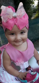 Adorable child in pink dress and bow smiling.