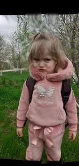 Adorable child in pink hoodie with a playful pout outdoors.