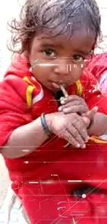 Adorable child in a red outfit sitting outdoors.