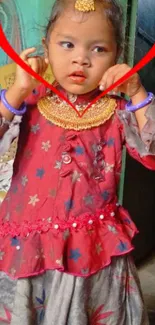 Child in traditional dress with red heart.