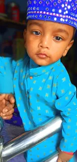 Young child in blue traditional outfit standing beside a mirror.