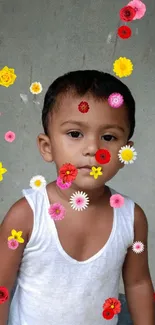 Young child in a white shirt against a gray wall.