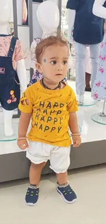 Adorable toddler in yellow happy shirt among mannequins.