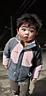 Adorable child in a stylish jacket at night with streetlights.