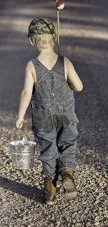 Young child in overalls walking with bucket on a gravel path.