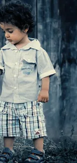 Adorable child standing in rustic outdoor setting with dark blue tones.