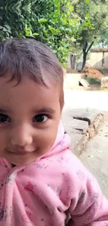 Adorable child in pink jacket outdoors with green leafy background.