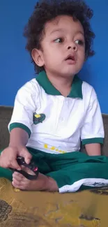 A cute child sitting against a blue background, wearing a casual outfit.