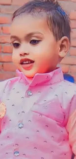 Adorable toddler in pink outfit against brick wall.