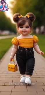 Adorable child in yellow top holding a purse.