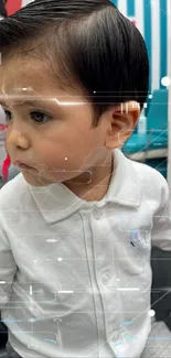 Child with digital tech overlay wearing white shirt.