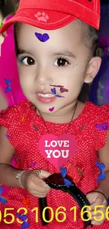 Cute child in red dress with butterflies.