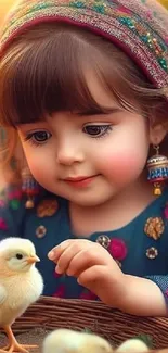 Cute child with a duckling in traditional attire, warm hues.