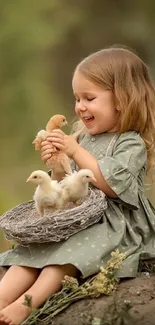 Adorable child with ducklings on a soft nature background.