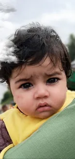 Adorable child held by family in outdoor setting.