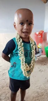 Smiling child with flower garland indoors.