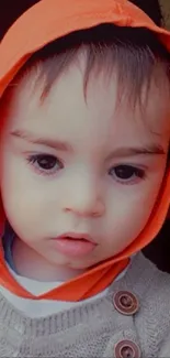 Adorable child in an orange hoodie with floral accents.