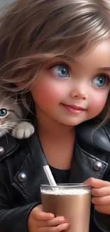 Adorable child and kitten in cute mobile wallpaper.