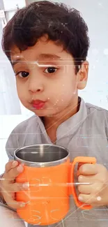 Child holding orange mug in cozy setting.