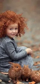 Child with curly hair sitting with rabbits among autumn leaves.