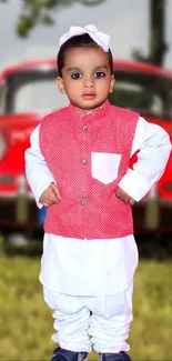 Adorable child in red outfit stands in front of vintage red car in nature setting.