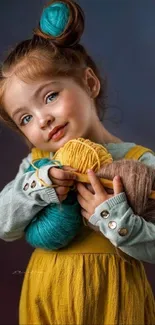 Little girl with colorful yarn in a playful, joyful pose.