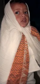 Child wrapped in a cozy orange blanket.