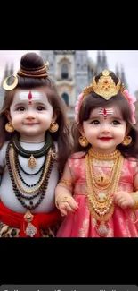 Two smiling children in vibrant traditional attire posing outdoors.