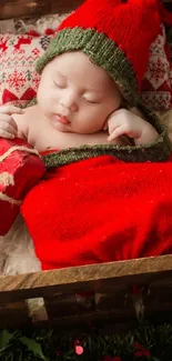 Adorable baby in Christmas outfit with red and green accents.