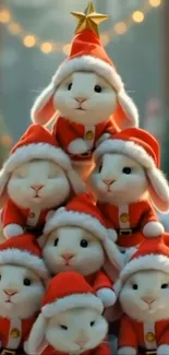 Bunnies in Santa hats form a festive pyramid for Christmas.
