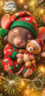 Cute Christmas mouse holding teddy in festive scene.