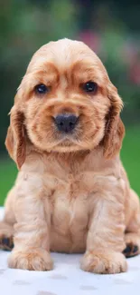Adorable Cocker Spaniel puppy sitting on a blanket with a blurred garden background.