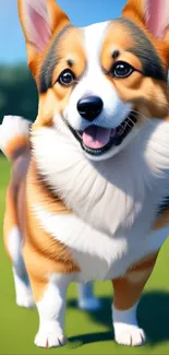 Smiling corgi with green park background.