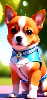 Cute corgi wearing a blue outfit sits on a vibrant background.