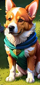 Charming corgi in a mystical forest setting, wearing a green cape.