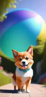 Corgi standing on garden path with colorful ball in background.