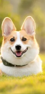 A smiling Corgi dog lying in a sunlit grassy field.