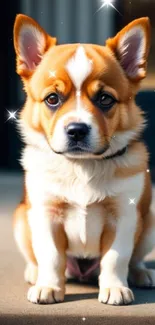 Cute Corgi puppy sitting outdoors on a sunny day.